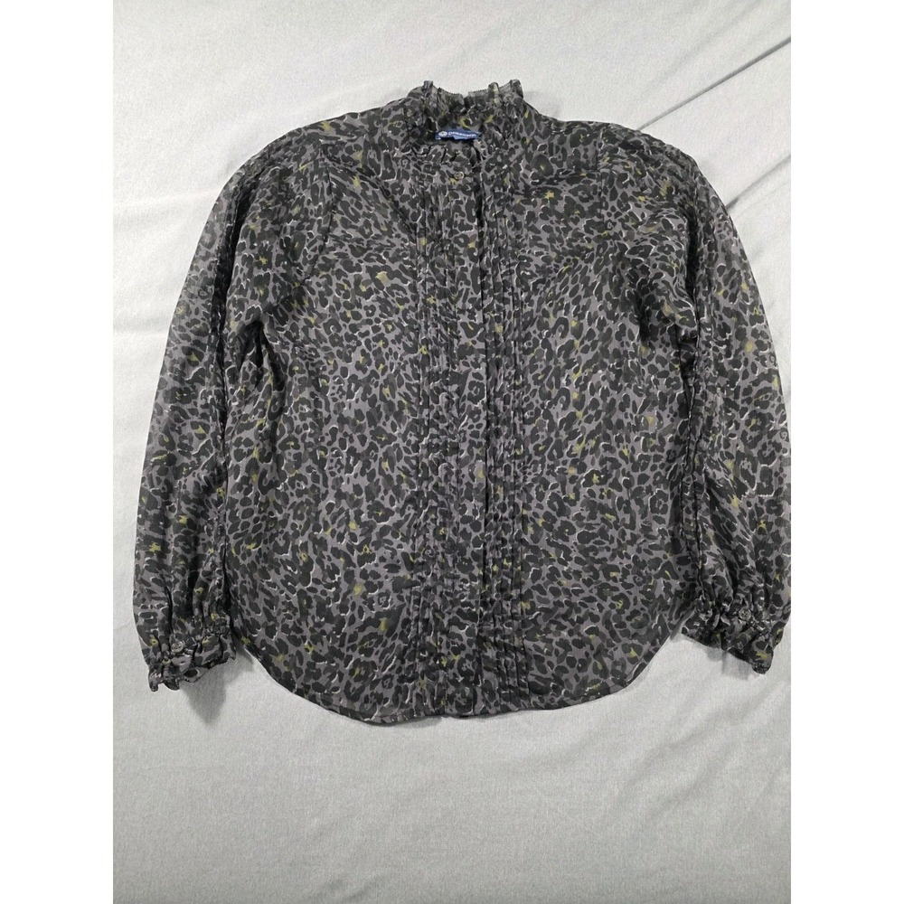 Democracy Sheer Blouse Shirt Leopard Print Button Up Small Ruffle Collar & Cuffs